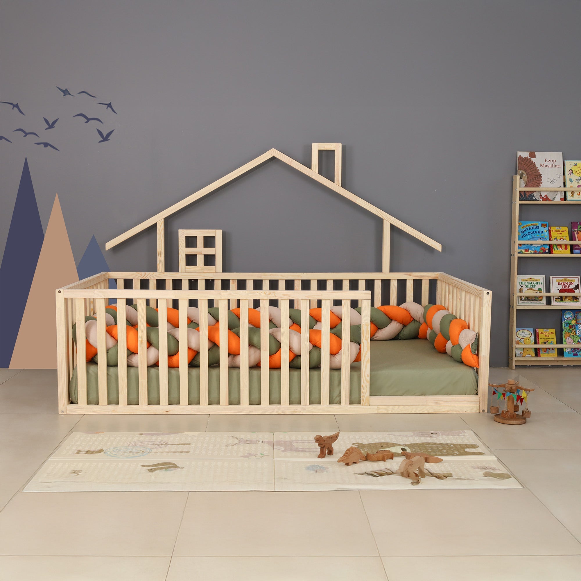 Tela - Montessori Playhouse Floor Bed with Railings