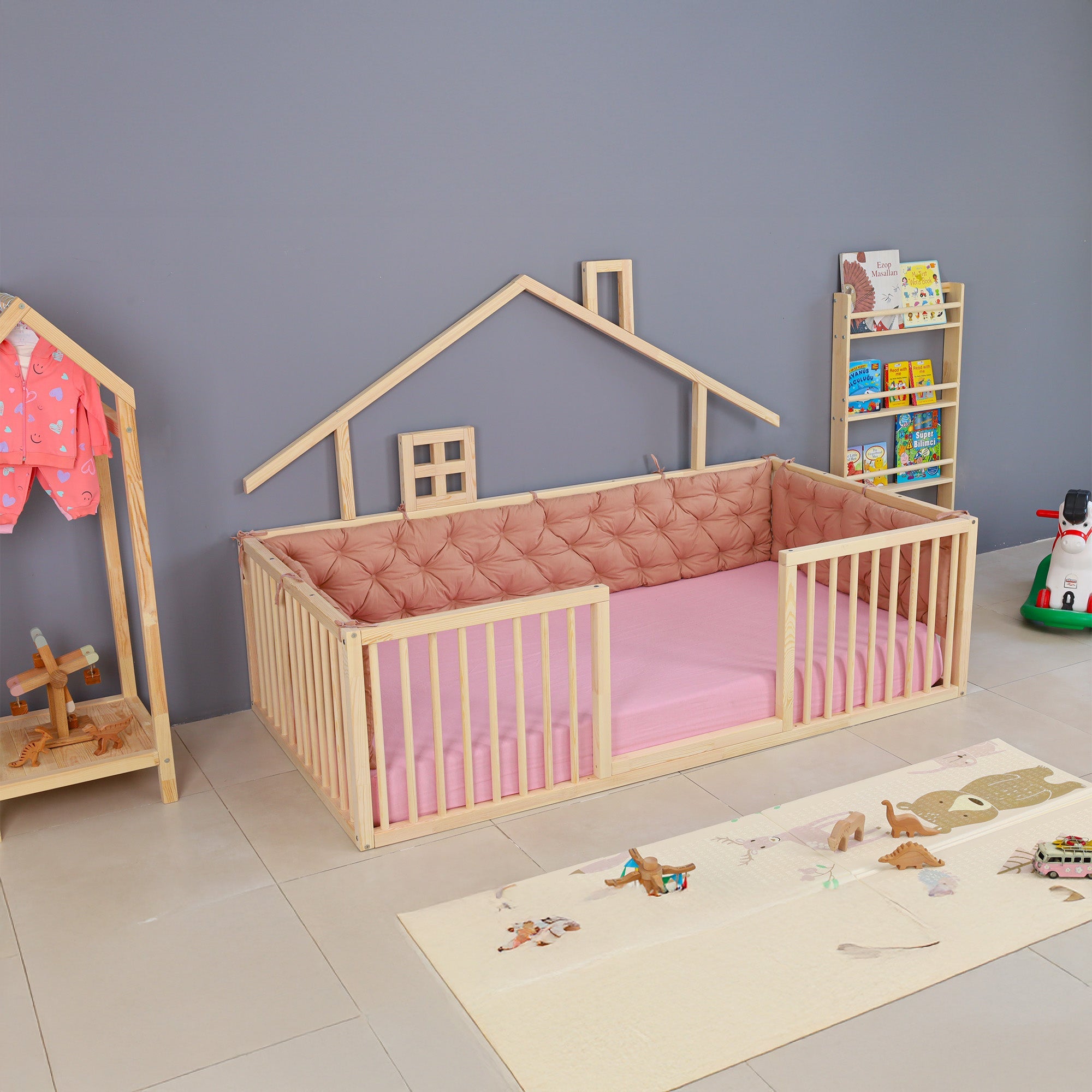 Sara - Montessori Playhouse Floor Bed with Cylindrical Railings
